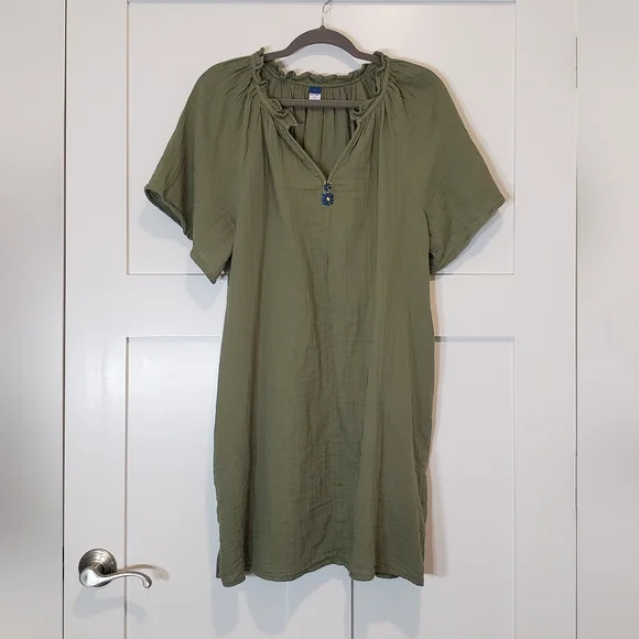 Old Navy Knee Length Dress All Cotton Ruffled V Neck Short Sleeves Olive Large - Picture 1 of 11